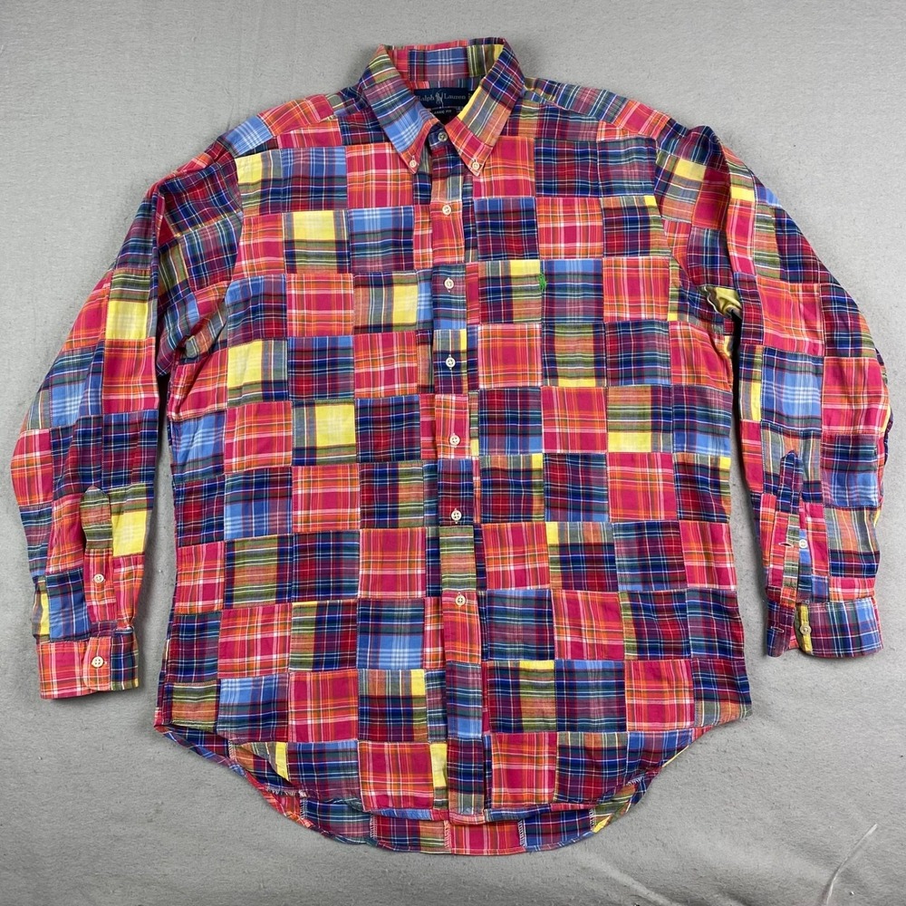 Vintage Polo Ralph Lauren mens Patchwork Shirt L Multicolor Plaid RL USA red